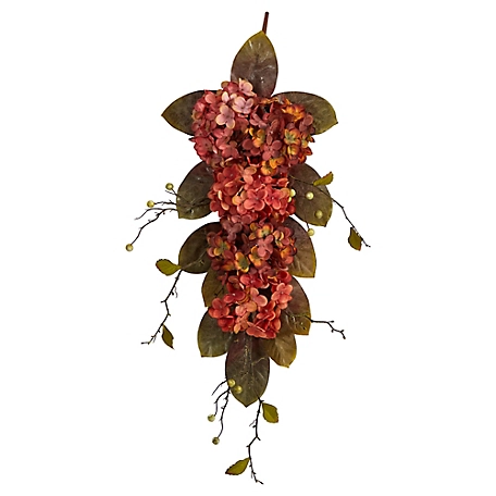 Nearly Natural 35 in. Autumn Hydrangea and Berry Artificial Fall Teardrop Hanging Plant