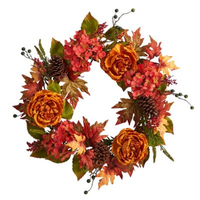 Nearly Natural 25 in. Fall Ranunculus, Hydrangeas and Berries Artificial Autumn Wreath