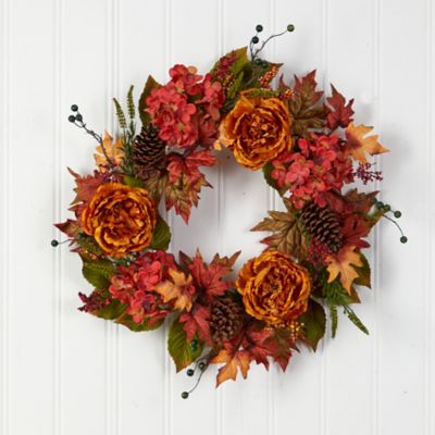 Image showing  25 in. Fall Ranunculus, Hydrangeas and Berries Artificial Autumn Wreath