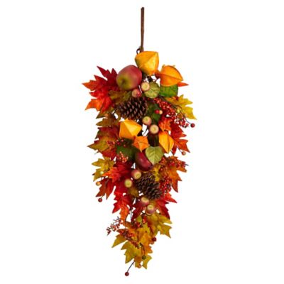 Nearly Natural 35 in. Autumn Maple Leaf and Berries Fall Teardrop Artificial Hanging Plant