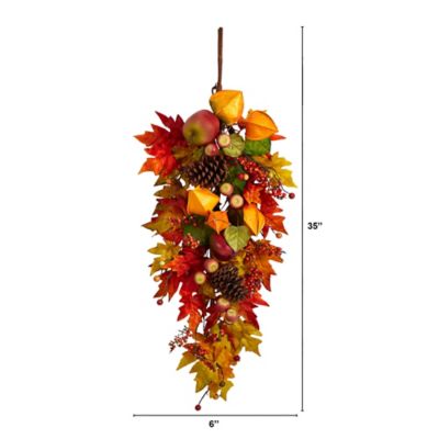 Image showing  35 in. Artificial Autumn Maple Leaf and Berries Fall Teardrop Hanging Plant