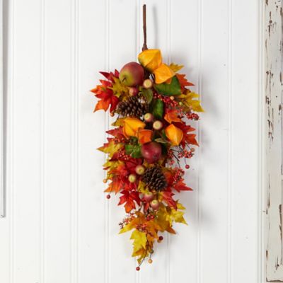 Image showing  35 in. Artificial Autumn Maple Leaf and Berries Fall Teardrop Hanging Plant