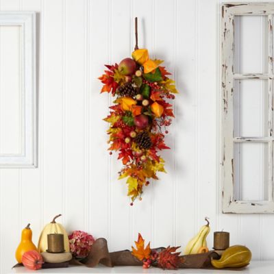 Image showing  35 in. Artificial Autumn Maple Leaf and Berries Fall Teardrop Hanging Plant