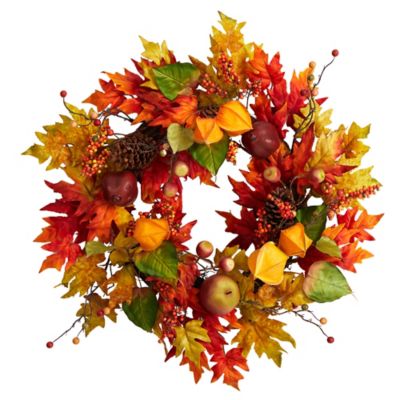 Nearly Natural 24 in. Autumn Maple Leaf and Berries Artificial Fall Wreath