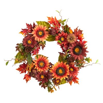 Nearly Natural 24 in. Sunflower, Pumpkin, Pine Cone and Berries Artificial Fall Wreath