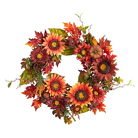 Nearly Natural 24 in. Sunflower, Pumpkin, Pine Cone and Berries Artificial Fall Wreath
