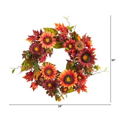 Image showing  24 in. Sunflower, Pumpkin, Pine Cone and Berries Artificial Fall Wreath
