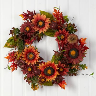 Image showing  24 in. Sunflower, Pumpkin, Pine Cone and Berries Artificial Fall Wreath