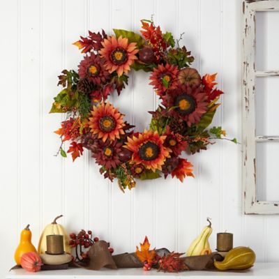 Image showing  24 in. Sunflower, Pumpkin, Pine Cone and Berries Artificial Fall Wreath