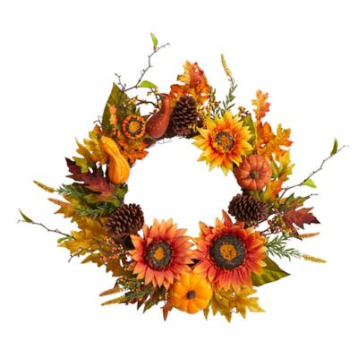 Nearly Natural 24 in. Sunflower, Pumpkin, Gourds, Pine Cone and Berries Artificial Fall Wreath