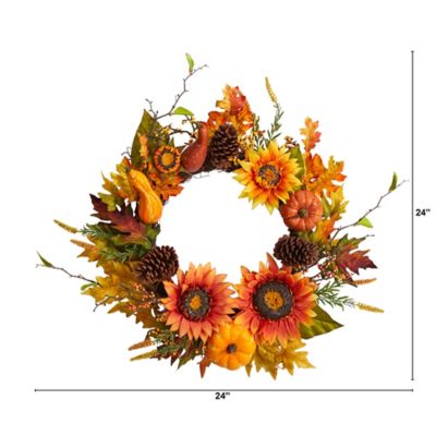 Image showing  24 in. Sunflower, Pumpkin, Gourds, Pine Cone and Berries Artificial Fall Wreath