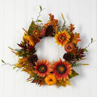 Image showing  24 in. Sunflower, Pumpkin, Gourds, Pine Cone and Berries Artificial Fall Wreath