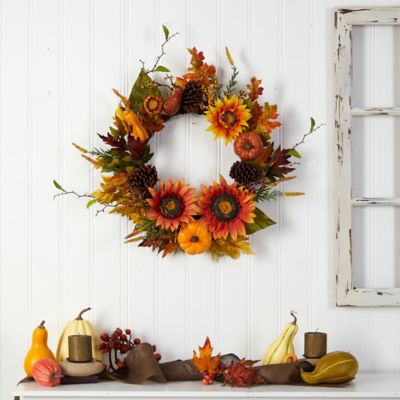 Image showing  24 in. Sunflower, Pumpkin, Gourds, Pine Cone and Berries Artificial Fall Wreath