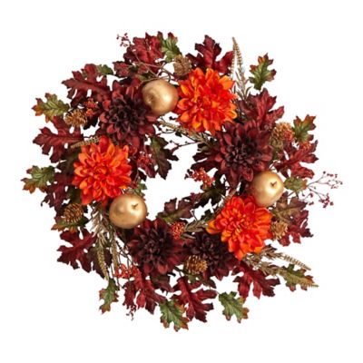 Nearly Natural 24 in. Dahlia, Golden Apple, Oak Leaf and Berries Artificial Fall Wreath