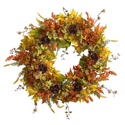 Nearly Natural 32 in. Fall Hydrangea, Ranunculus and Maple Leaf Autumn Artificial Wreath