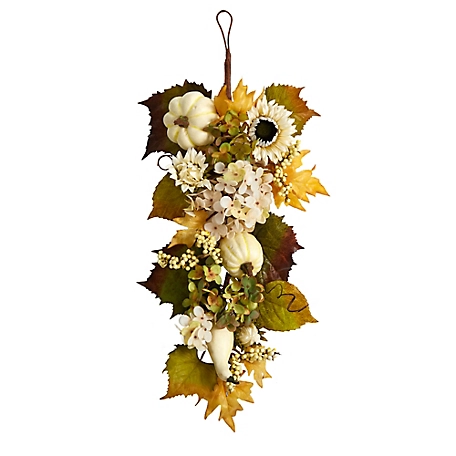 Nearly Natural 33 in. Fall Sunflower, Hydrangea and White Pumpkin Artificial Autumn Teardrop