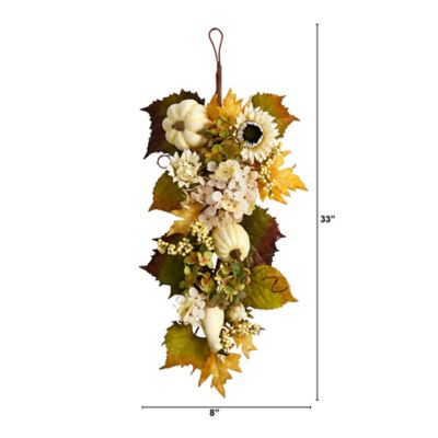 Image showing  33 in. Artificial Fall Sunflower, Hydrangea and White Pumpkin Teardrop