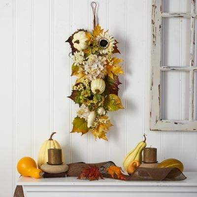 Image showing  33 in. Artificial Fall Sunflower, Hydrangea and White Pumpkin Teardrop