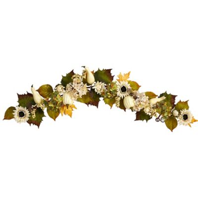 Nearly Natural 5 ft. Sunflower, Hydrangea and White Pumpkin Artificial Autumn Garland