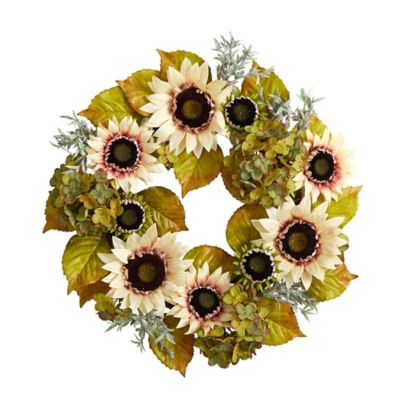 Nearly Natural 24 in. Artificial White Sunflower and Hydrangea Autumn Wreath