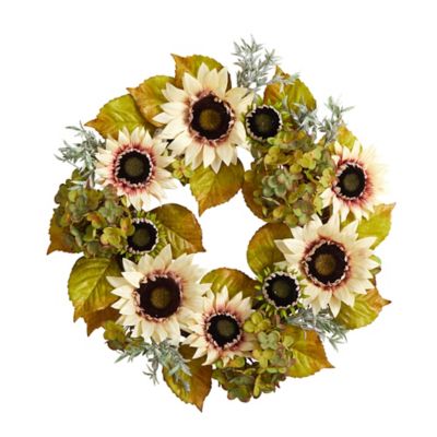 Nearly Natural 24 in. White Sunflower and Hydrangea Artificial Autumn Wreath