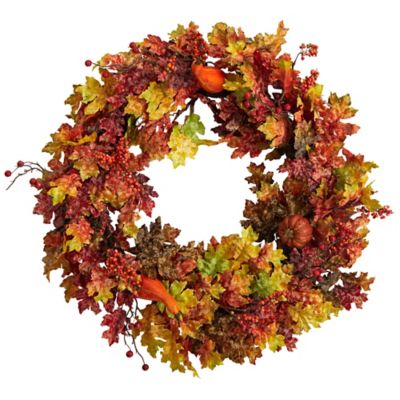Nearly Natural 32 in. Autumn Oak Leaf, Berries and Pumpkin Artificial Autumn Wreath