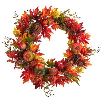 Nearly Natural 32 in. Autumn Maple Leaf, Pumpkin and Berries Artificial Fall Wreath