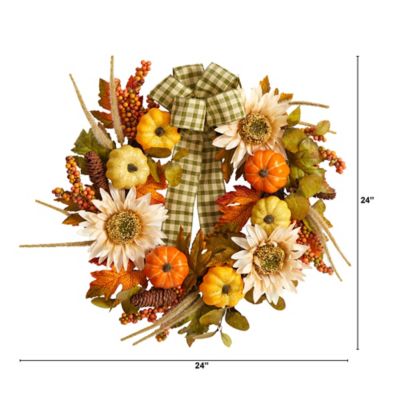 Image showing  24 in. Fall Pumpkin and Sunflower Artificial Autumn Wreath with Decorative Ribbon