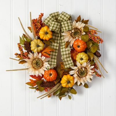 Image showing  24 in. Fall Pumpkin and Sunflower Artificial Autumn Wreath with Decorative Ribbon