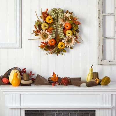 Image showing  24 in. Fall Pumpkin and Sunflower Artificial Autumn Wreath with Decorative Ribbon
