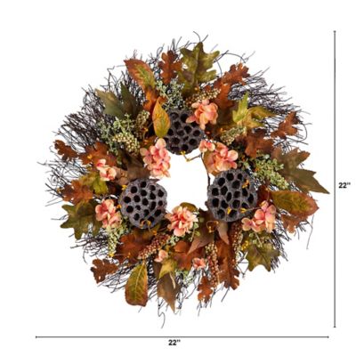 Image showing  22 in. Artificial Autumn Hydrangea and Dried Lotus Pod Fall Wreath