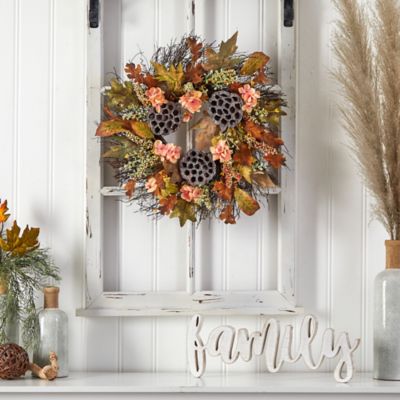 Image showing  22 in. Artificial Autumn Hydrangea and Dried Lotus Pod Fall Wreath
