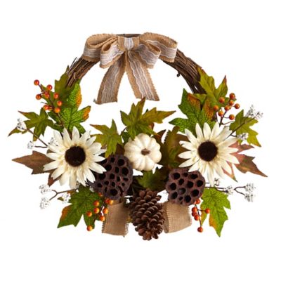 Nearly Natural 20 in. Autumn Sunflower, White Pumpkin and Dried Lotus Pod Artificial Fall Wreath with Decorative Bow