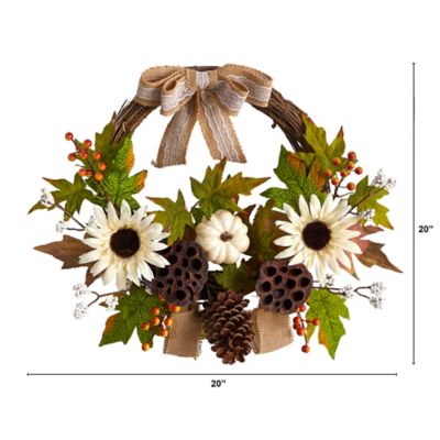 Image showing  20 in. Autumn Sunflower, White Pumpkin and Dried Lotus Pod Artificial Fall Wreath with Decorative Bow
