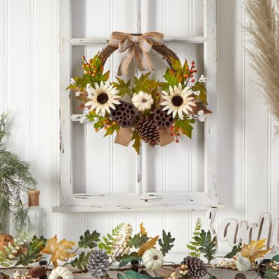 Image showing  20 in. Autumn Sunflower, White Pumpkin and Dried Lotus Pod Artificial Fall Wreath with Decorative Bow
