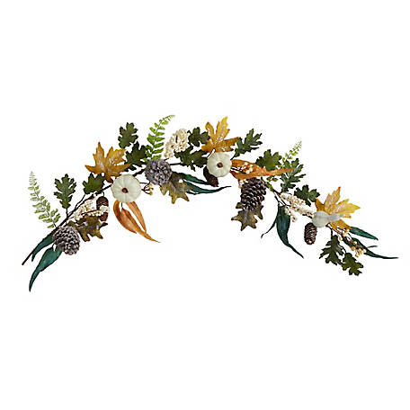 Nearly Natural 4 ft. White Pumpkin, Pine Cones and Berries Artificial Autumn Garland