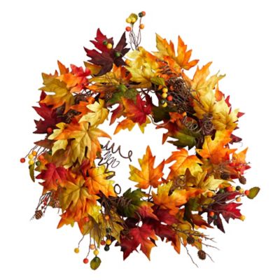 Nearly Natural 24 in. Autumn Maple Leaf and Berries Artificial Fall Wreath with Twig Base