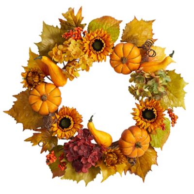 Nearly Natural 22 in. Autumn Hydrangea, Pumpkin and Sunflower Artificial Fall Wreath