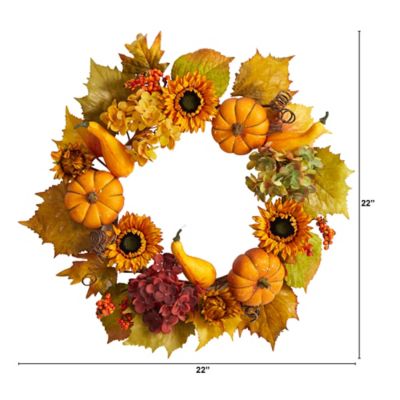 Image showing  22 in. Autumn Hydrangea, Pumpkin and Sunflower Artificial Fall Wreath