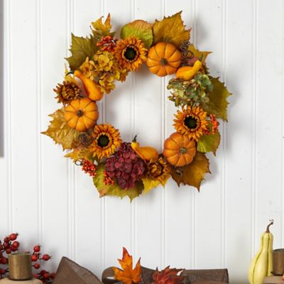 Image showing  22 in. Autumn Hydrangea, Pumpkin and Sunflower Artificial Fall Wreath