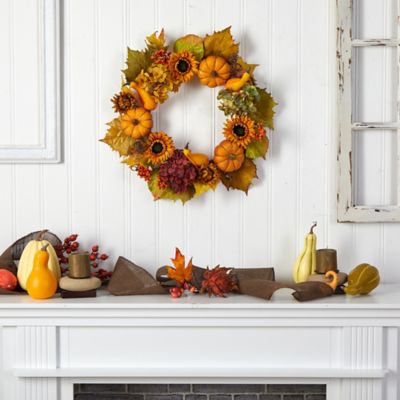 Image showing  22 in. Autumn Hydrangea, Pumpkin and Sunflower Artificial Fall Wreath
