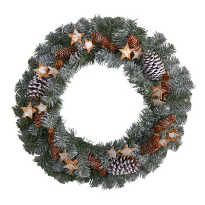 Nearly Natural 24 in. Christmas Winter Frosted Stars and Pine Cones Artificial Holiday Wreath