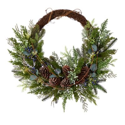 Nearly Natural 30 in. Pine and Pine Cone Artificial Christmas Wreath on Twig Ring