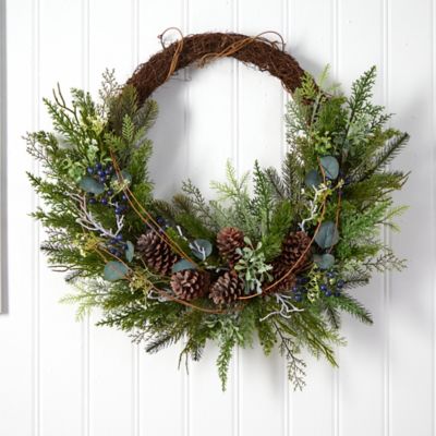 Image showing  30 in. Pine and Pine Cone Artificial Christmas Wreath on Twig Ring
