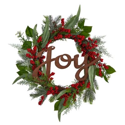 Nearly Natural 24 in. Artificial Christmas Wreath with Berries and Joy Sign