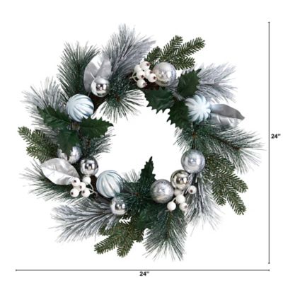 Image showing  24 in. Artificial Christmas Wreath with Silver Ornaments, Pine Cones and Berries