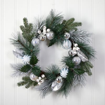 Image showing  24 in. Artificial Christmas Wreath with Silver Ornaments, Pine Cones and Berries