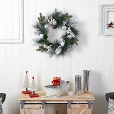 Image showing  24 in. Artificial Christmas Wreath with Silver Ornaments, Pine Cones and Berries