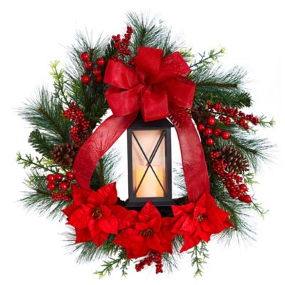 Nearly Natural 28 in. Poinsettia and Berry Holiday Lantern Christmas Wreath with LED Candle