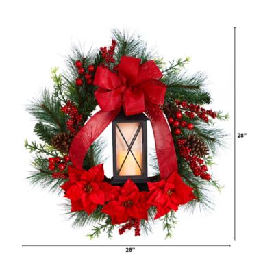 Image showing  28 in. Poinsettia Artificial Holiday Lantern Christmas Wreath with LED Candle, Berries and Bow